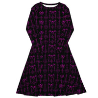 Pink Sixth Circle long sleeve midi dress featuring an all-over hellspawn guardian pattern inspired by the burning tombs of Hell.