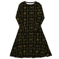 Yellow Sixth Circle long sleeve midi dress featuring an all-over hellspawn guardian pattern inspired by the burning tombs of Hell.