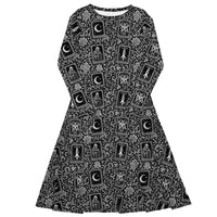 Death’s Fortune long sleeve midi dress featuring The Moon, The Devil, Death and The Hanged Man in an ornate black-and-white tarot horror pattern.