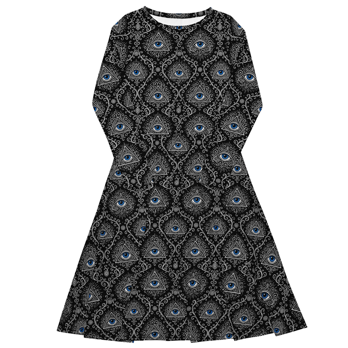 Second Sight long sleeve midi dress featuring electric-blue psychic eyes, black-and-white mystical ornamentation and an all-over occult-inspired pattern.