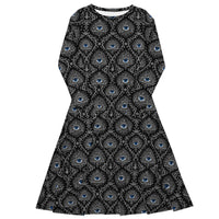 Second Sight long sleeve midi dress featuring electric-blue psychic eyes, black-and-white mystical ornamentation and an all-over occult-inspired pattern.