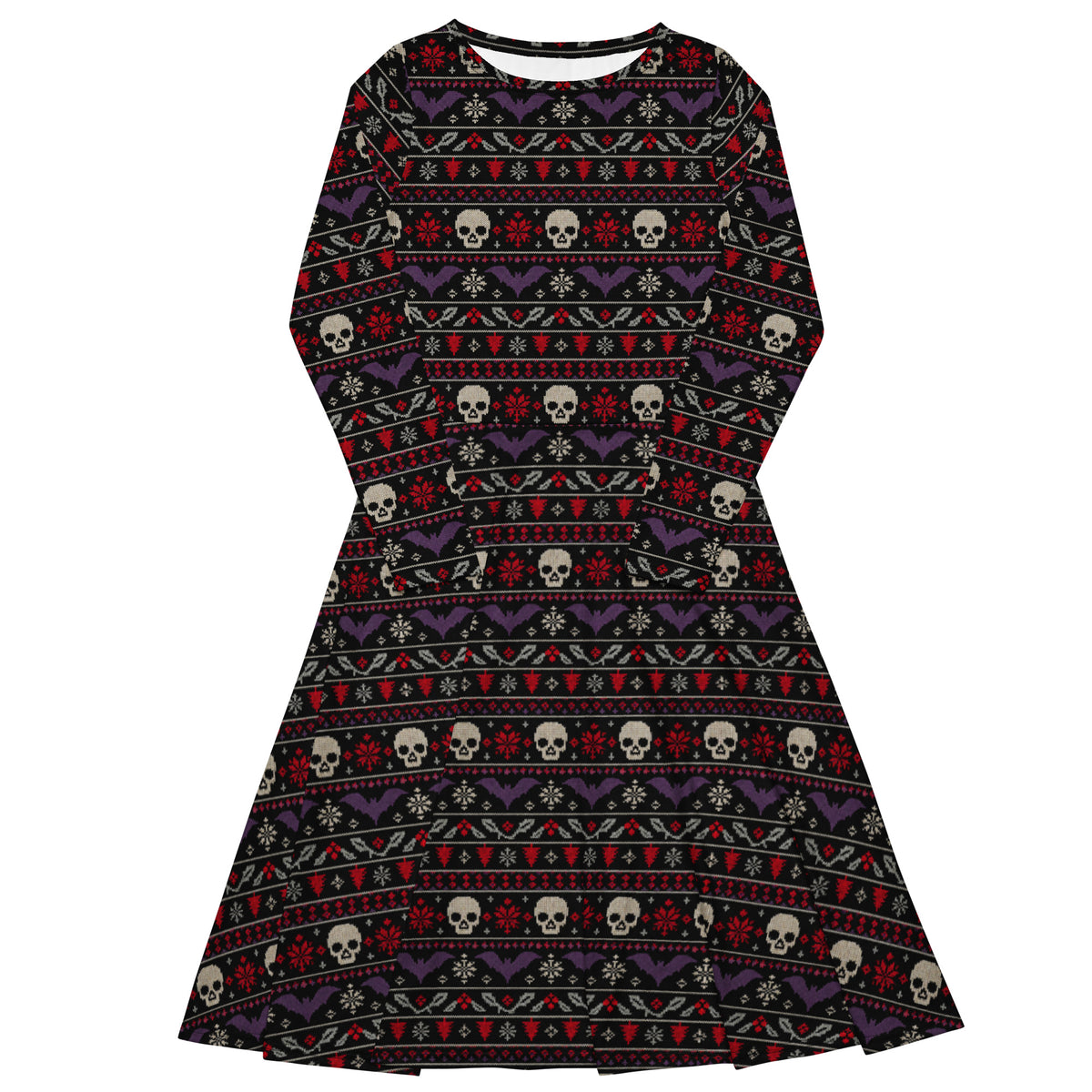 Merry Skull-Mas long sleeve midi dress featuring faux-knit skulls, bats, snowflakes and festive red, purple and white patterns on black.