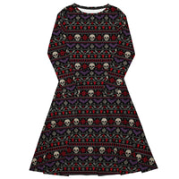 Merry Skull-Mas long sleeve midi dress featuring faux-knit skulls, bats, snowflakes and festive red, purple and white patterns on black.