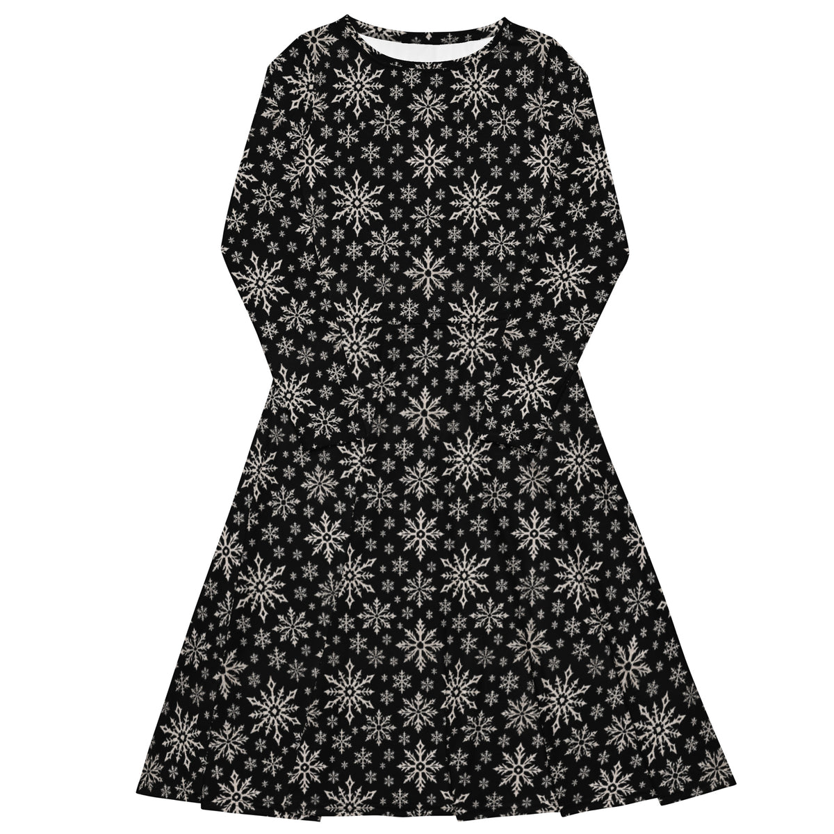 Dead of Winter long sleeve midi dress featuring black and ivory faux-knit snowflakes in a dark gothic Christmas pattern.