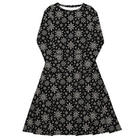 Dead of Winter long sleeve midi dress featuring black and ivory faux-knit snowflakes in a dark gothic Christmas pattern.