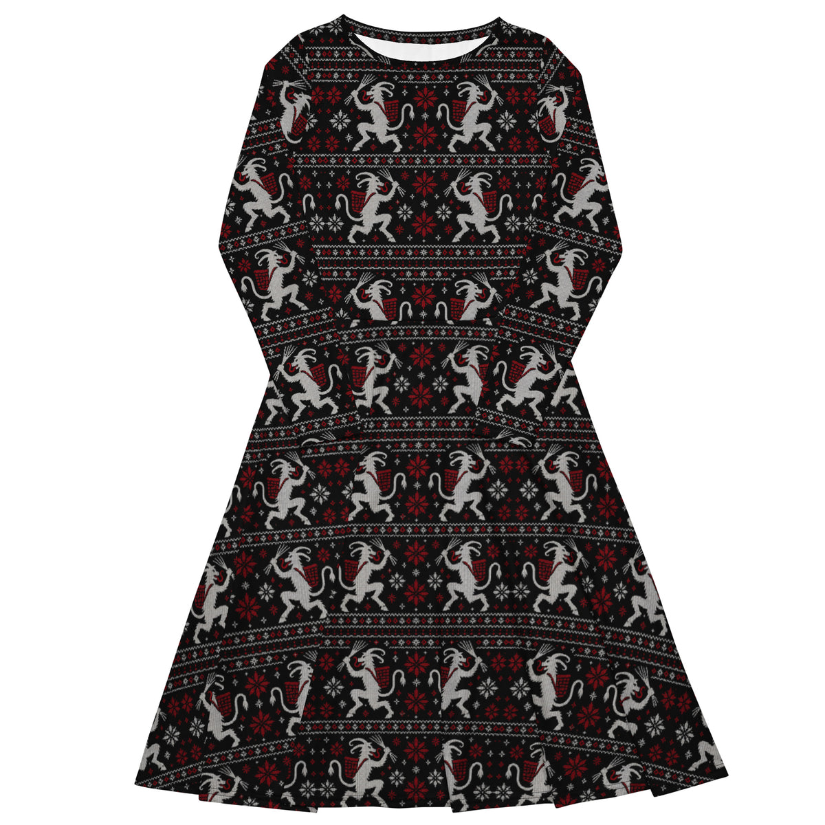 Krampusnacht long sleeve midi dress featuring white Krampus figures, red snowflakes and a black faux-knit ugly sweater-inspired pattern.
