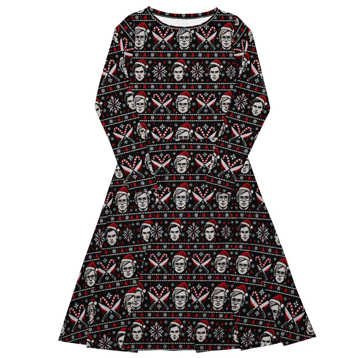 Slay Bells long sleeve midi dress featuring sinister portrait motifs, crossed knives, candy canes, snowflakes and red faux-knit holiday details.