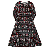 Slay Bells long sleeve midi dress featuring sinister portrait motifs, crossed knives, candy canes, snowflakes and red faux-knit holiday details.