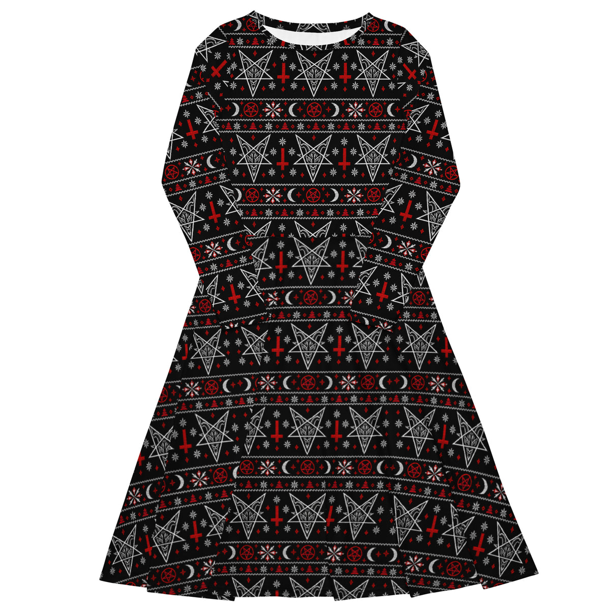 Hail Santa long sleeve midi dress featuring Baphomet, inverted crosses, pentagrams, crescent moons and red and white faux-knit holiday motifs.