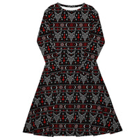 Hail Santa long sleeve midi dress featuring Baphomet, inverted crosses, pentagrams, crescent moons and red and white faux-knit holiday motifs.