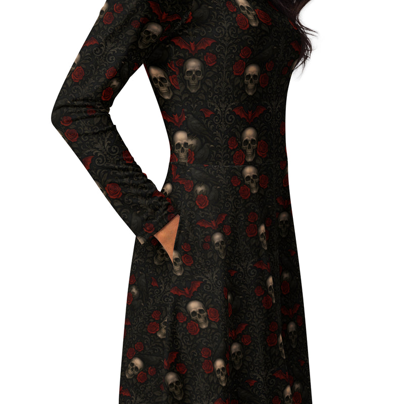 Crimson Mourning Long Sleeve Midi Dress – Floral Horror Clothing