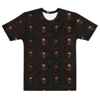 Crimson Mourning T-shirt featuring an all-over Victorian-inspired crimson rose pattern from the Funeral Garden Collection.