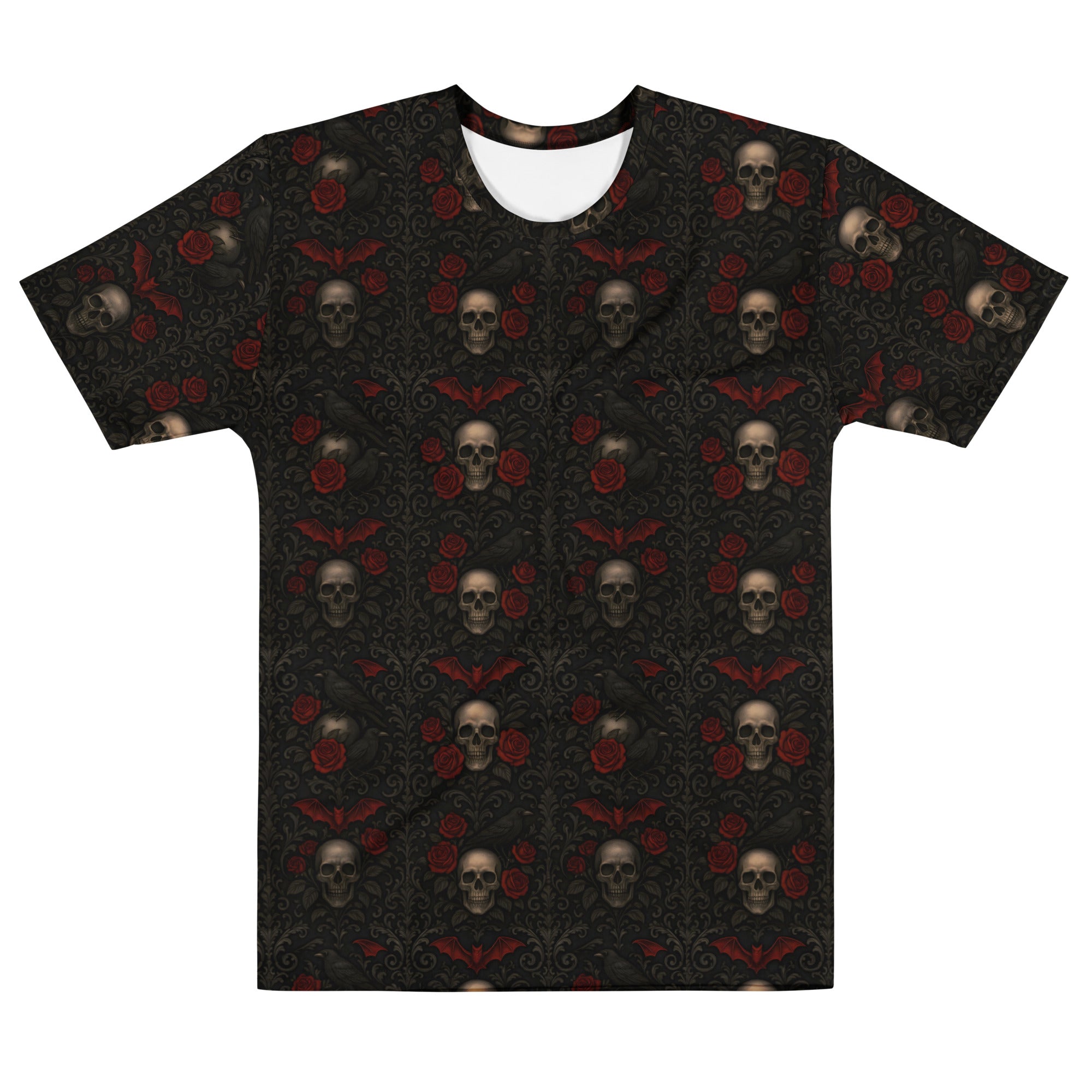 Crimson Mourning T-shirt featuring an all-over Victorian-inspired crimson rose pattern from the Funeral Garden Collection.
