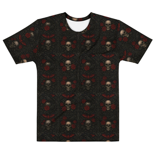 Crimson Mourning T-shirt featuring an all-over Victorian-inspired crimson rose pattern from the Funeral Garden Collection.