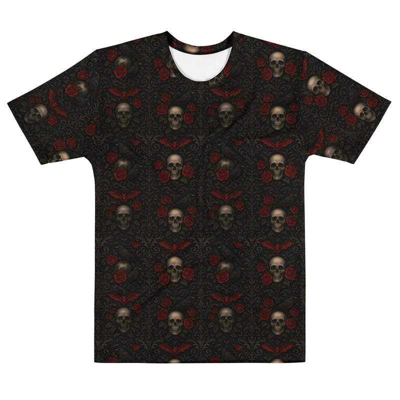 Crimson Mourning T-shirt featuring an all-over Victorian-inspired crimson rose pattern from the Funeral Garden Collection.