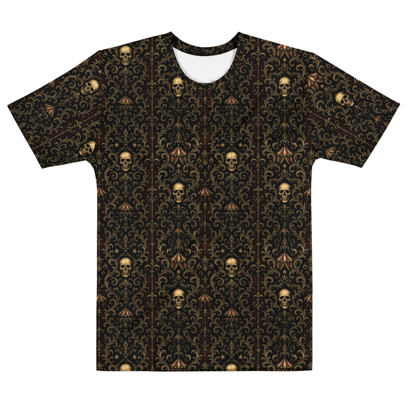 Midway of Death T-shirt featuring an all-over vintage carnival skull pattern inspired by abandoned circuses and The Last Carnivale Collection.