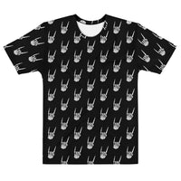 Raise the Devil T-shirt featuring an all-over skeleton hand making the metal horns gesture from the Memento Mori Collection.