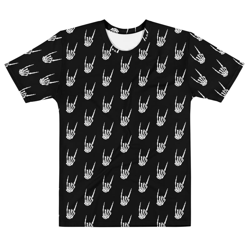 Raise the Devil T-shirt featuring an all-over skeleton hand making the metal horns gesture from the Memento Mori Collection.