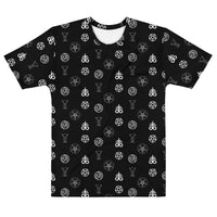 Infernal Sigils T-shirt featuring an all-over pattern of occult symbols inspired by demonology, ritual magic, and ancient ceremonial sigils.