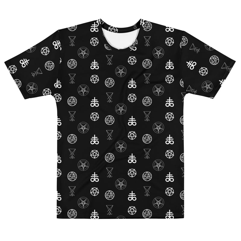 Infernal Sigils T-shirt featuring an all-over pattern of occult symbols inspired by demonology, ritual magic, and ancient ceremonial sigils.