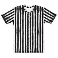 Black Parade T-shirt featuring bold black and white vertical stripes inspired by vintage carnival and horror fashion from The Last Carnivale Collection.