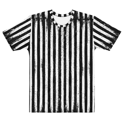 Black Parade T-shirt featuring bold black and white vertical stripes inspired by vintage carnival and horror fashion from The Last Carnivale Collection.