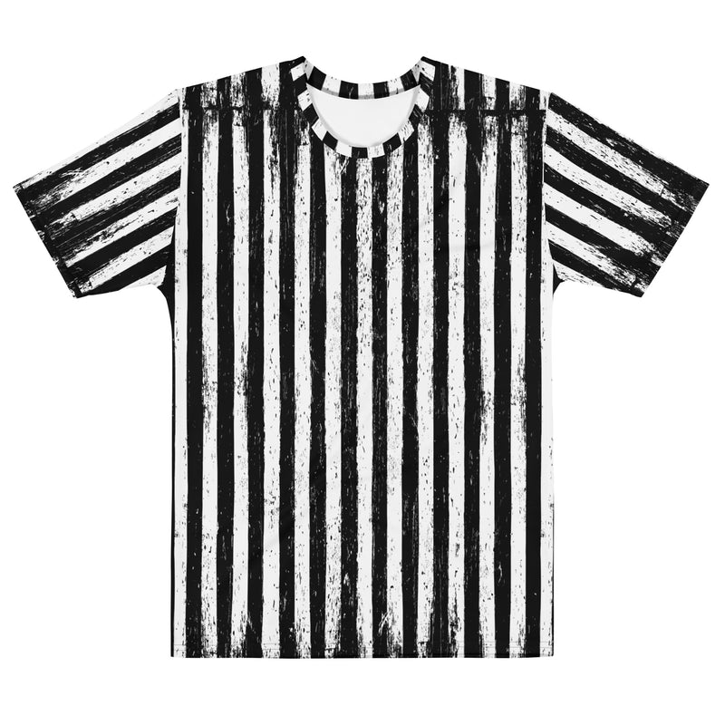 Black Parade T-shirt featuring bold black and white vertical stripes inspired by vintage carnival and horror fashion from The Last Carnivale Collection.