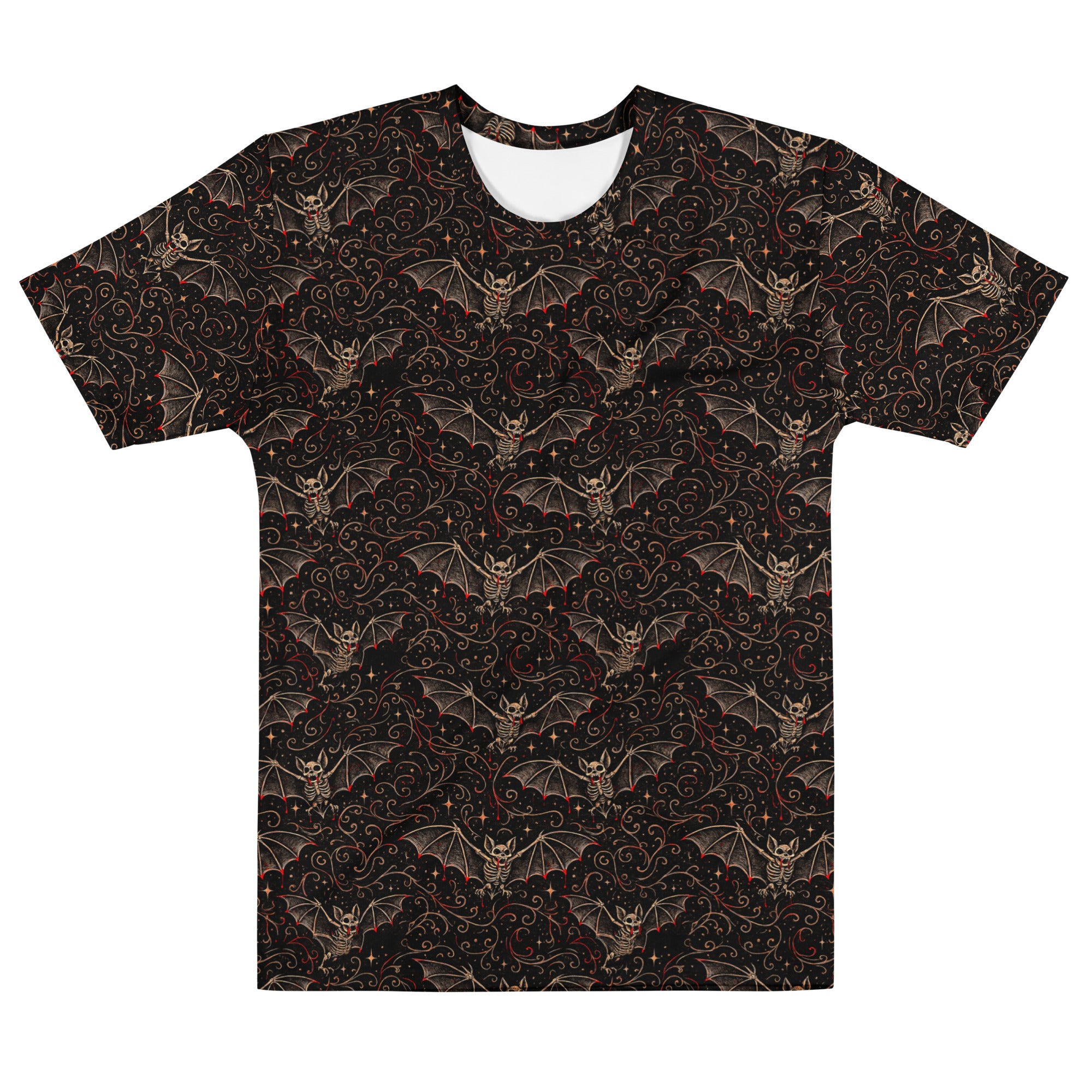 Nocturnal Requiem T-shirt featuring an all-over pattern of skeletal vampire bats inspired by Victorian natural history and the Children of the Night Collection.