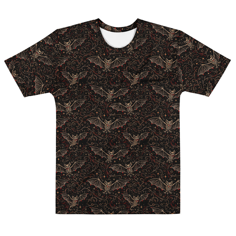 Nocturnal Requiem T-shirt featuring an all-over pattern of skeletal vampire bats inspired by Victorian natural history and the Children of the Night Collection.