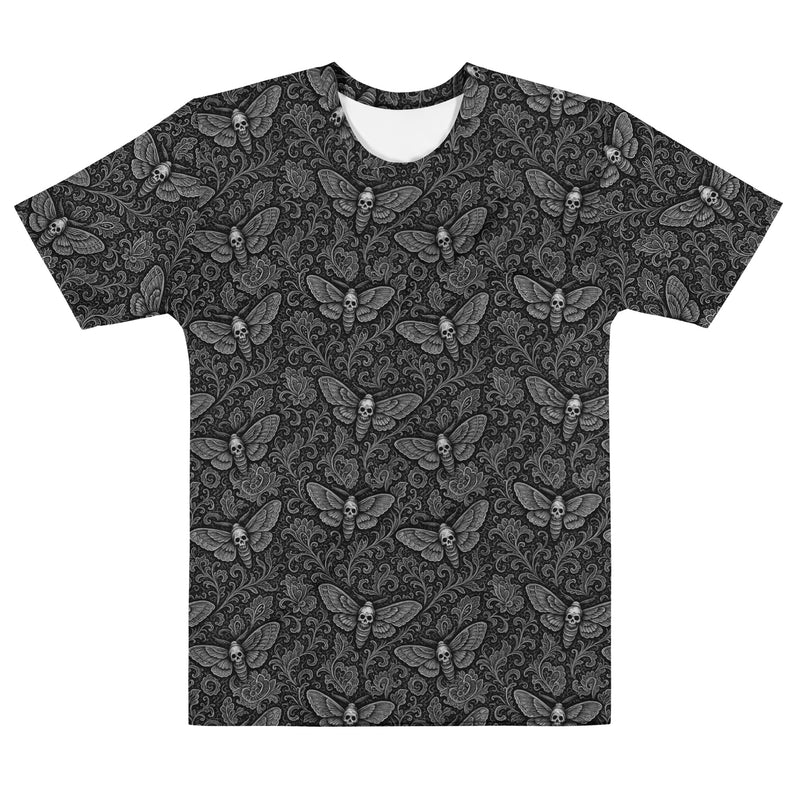 Soul's Messenger White T-shirt featuring an all-over Death's-head hawkmoth pattern inspired by Victorian symbolism and the Children of the Night Collection.