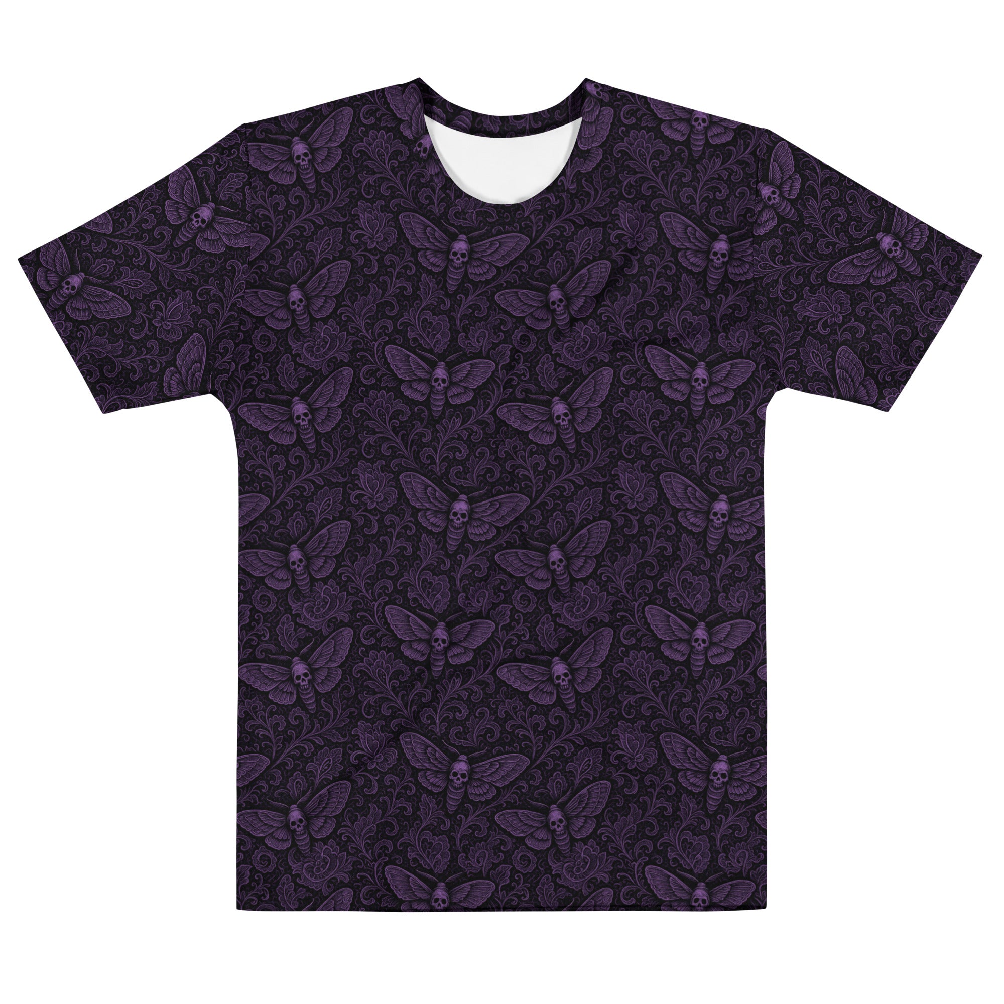 Soul's Messenger Purple T-shirt featuring an all-over Death's-head hawkmoth pattern inspired by Victorian symbolism and the Children of the Night Collection.