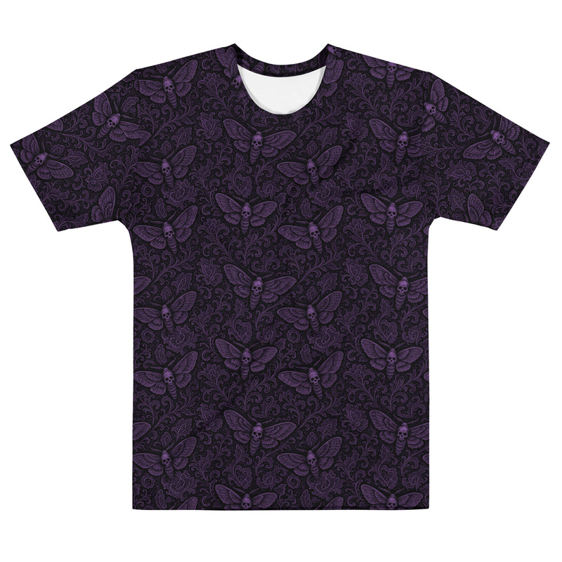 Soul's Messenger Purple T-shirt featuring an all-over Death's-head hawkmoth pattern inspired by Victorian symbolism and the Children of the Night Collection.