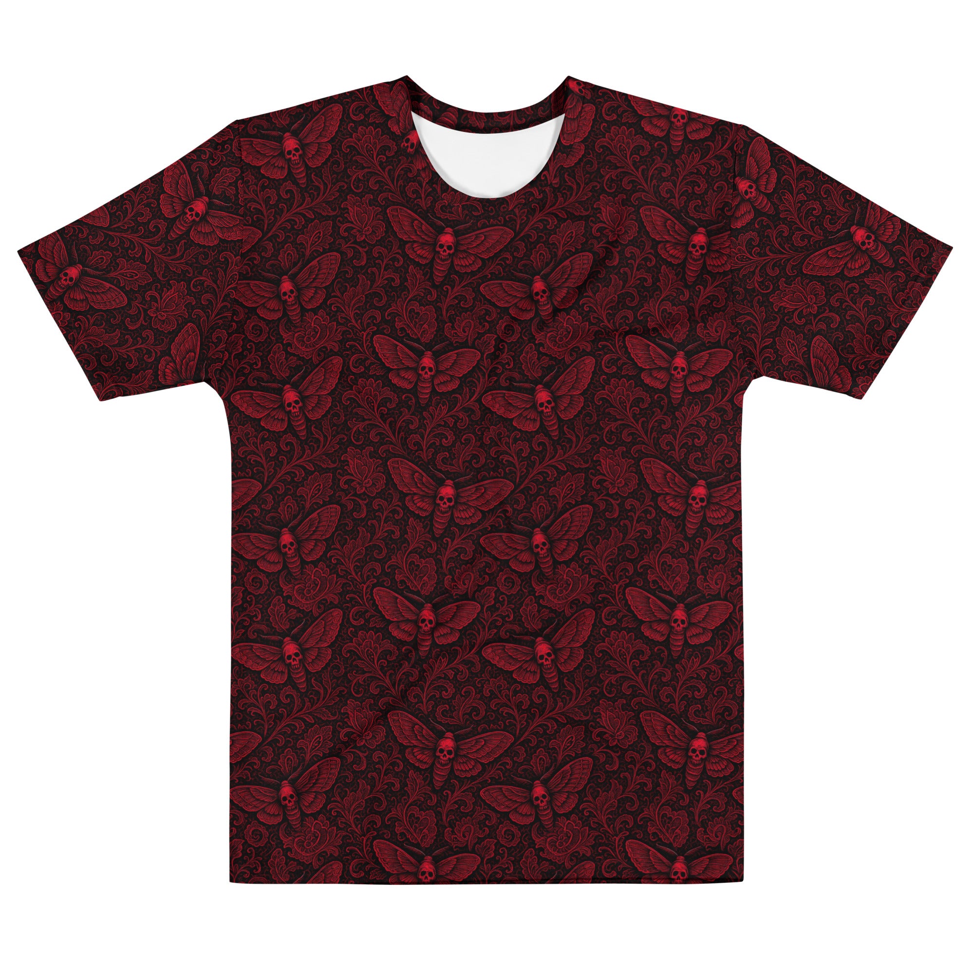 Soul's Messenger Red T-shirt featuring an all-over Death's-head hawkmoth pattern inspired by Victorian symbolism and the Children of the Night Collection.