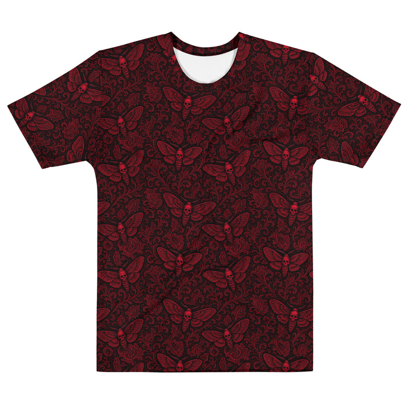 Soul's Messenger Red T-shirt featuring an all-over Death's-head hawkmoth pattern inspired by Victorian symbolism and the Children of the Night Collection.