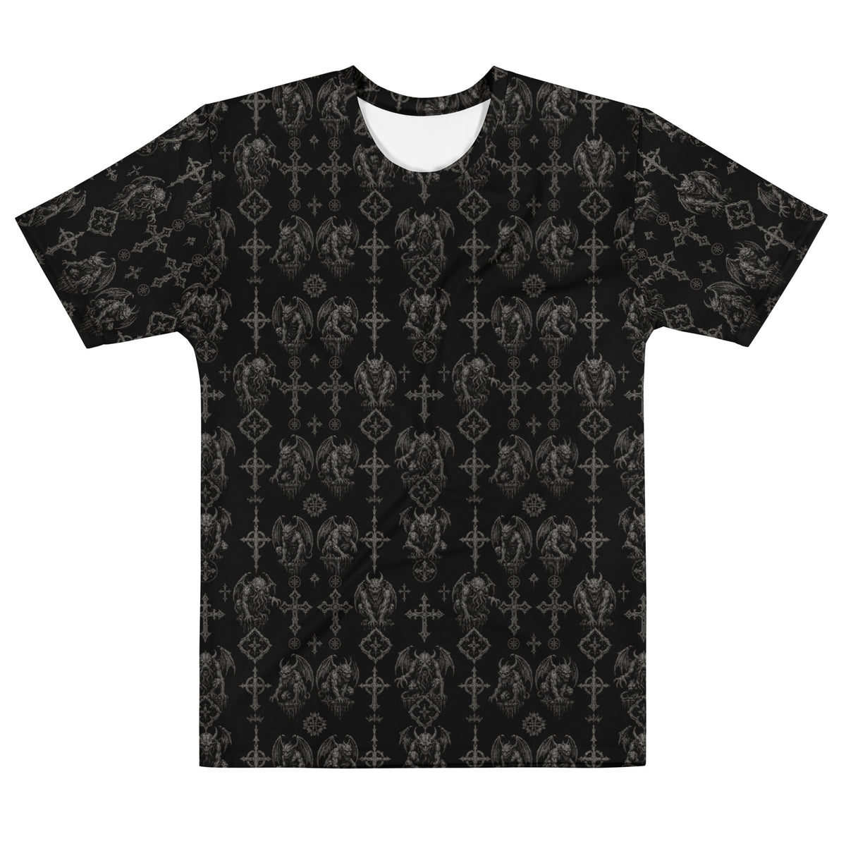 Wardens of Stone T-shirt featuring an all-over gargoyle pattern inspired by gothic architecture, demonology, and the Children of the Night Collection.