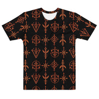 Infernal Invocation T-shirt featuring an all-over pattern of fiery occult ritual symbols inspired by demonology and ceremonial magic.