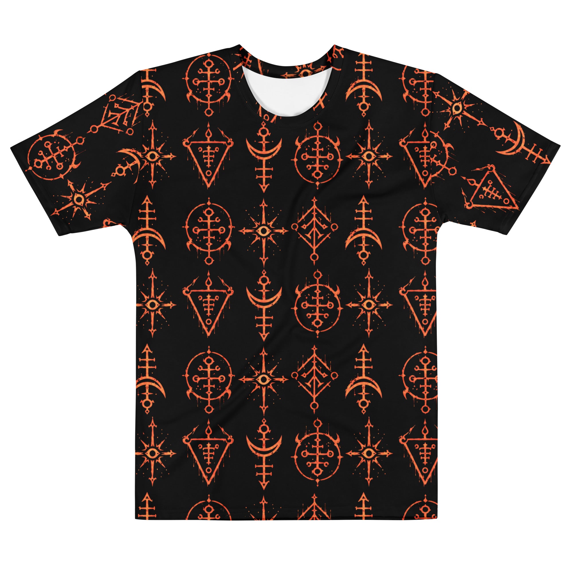 Infernal Invocation T-shirt featuring an all-over pattern of fiery occult ritual symbols inspired by demonology and ceremonial magic.