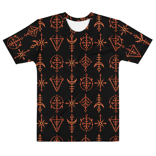 Infernal Invocation T-shirt featuring an all-over pattern of fiery occult ritual symbols inspired by demonology and ceremonial magic.
