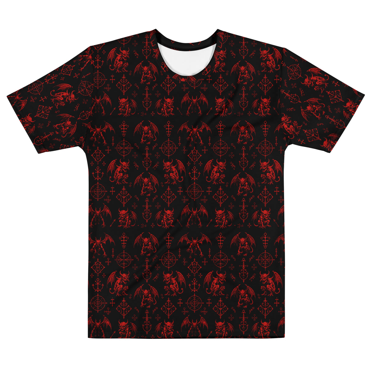The Fifth Circle Red T-shirt featuring an all-over pattern of winged demons and occult ritual symbols inspired by infernal mythology and demonology.