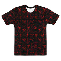 The Fifth Circle Red T-shirt featuring an all-over pattern of winged demons and occult ritual symbols inspired by infernal mythology and demonology.