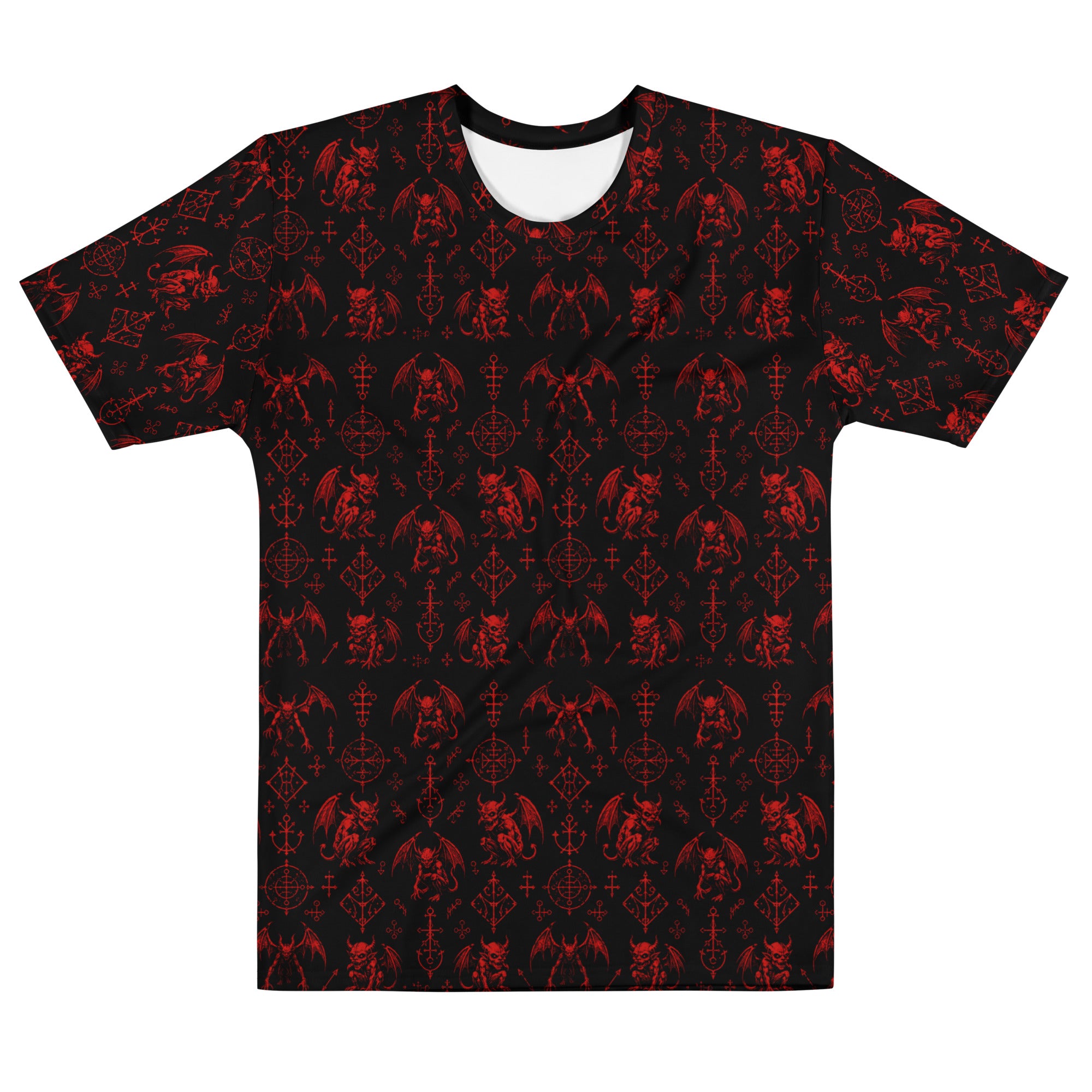 The Fifth Circle Red T-shirt featuring an all-over pattern of winged demons and occult ritual symbols inspired by infernal mythology and demonology.