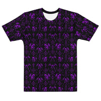 The Fifth Circle Purple T-shirt featuring an all-over pattern of winged demons and occult ritual symbols inspired by infernal mythology and demonology.