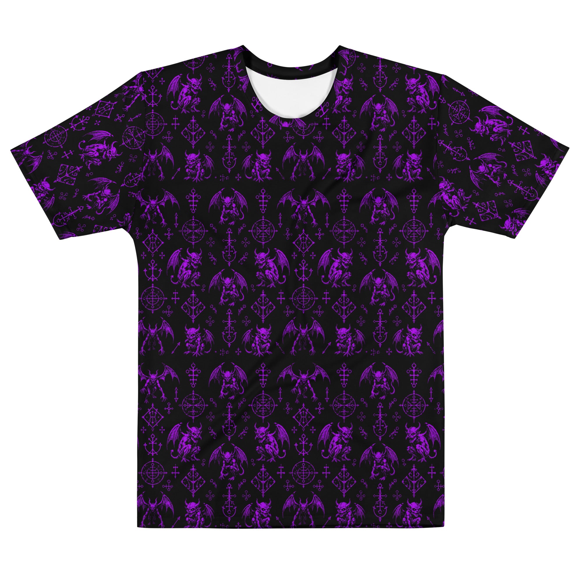 The Fifth Circle Purple T-shirt featuring an all-over pattern of winged demons and occult ritual symbols inspired by infernal mythology and demonology.