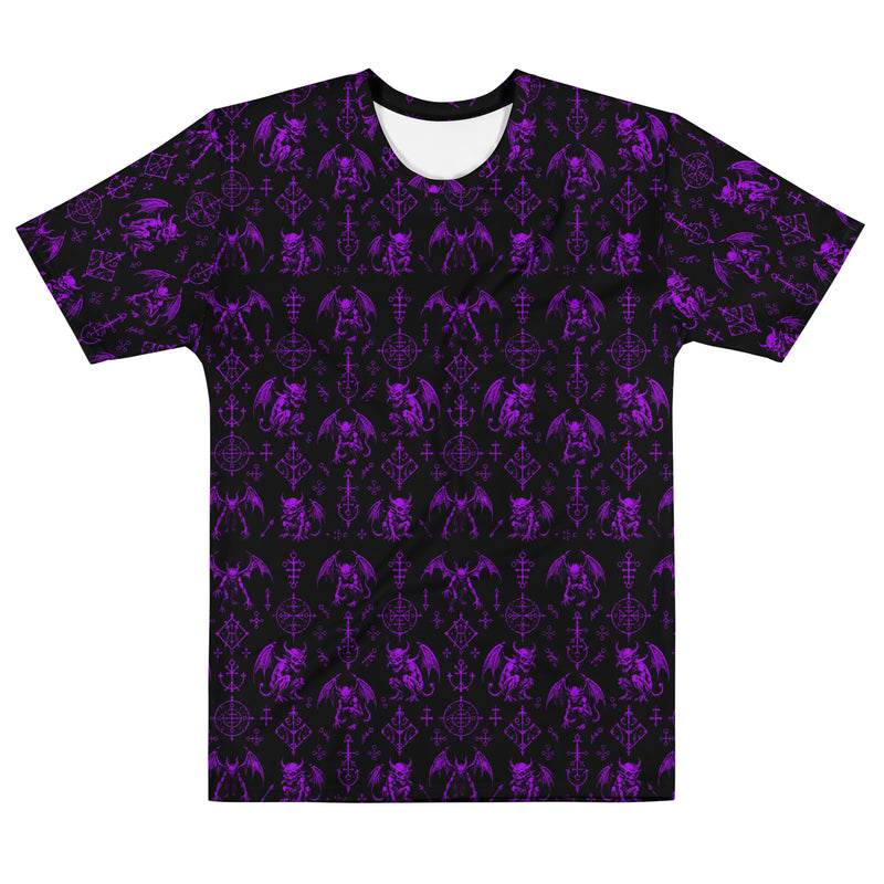 The Fifth Circle Purple T-shirt featuring an all-over pattern of winged demons and occult ritual symbols inspired by infernal mythology and demonology.