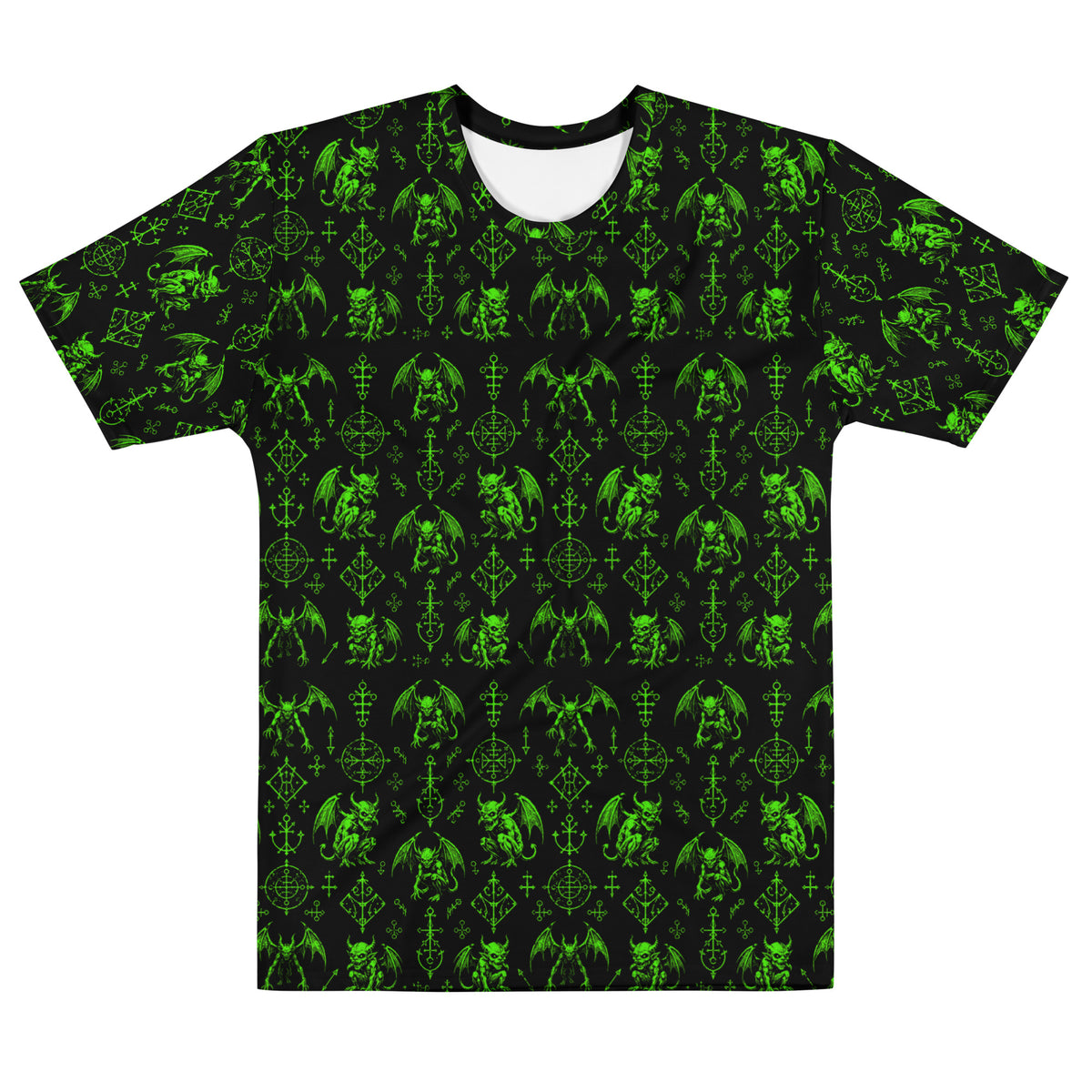 The Fifth Circle Green T-shirt featuring an all-over pattern of winged demons and occult ritual symbols inspired by infernal mythology and demonology.
