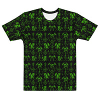 The Fifth Circle Green T-shirt featuring an all-over pattern of winged demons and occult ritual symbols inspired by infernal mythology and demonology.