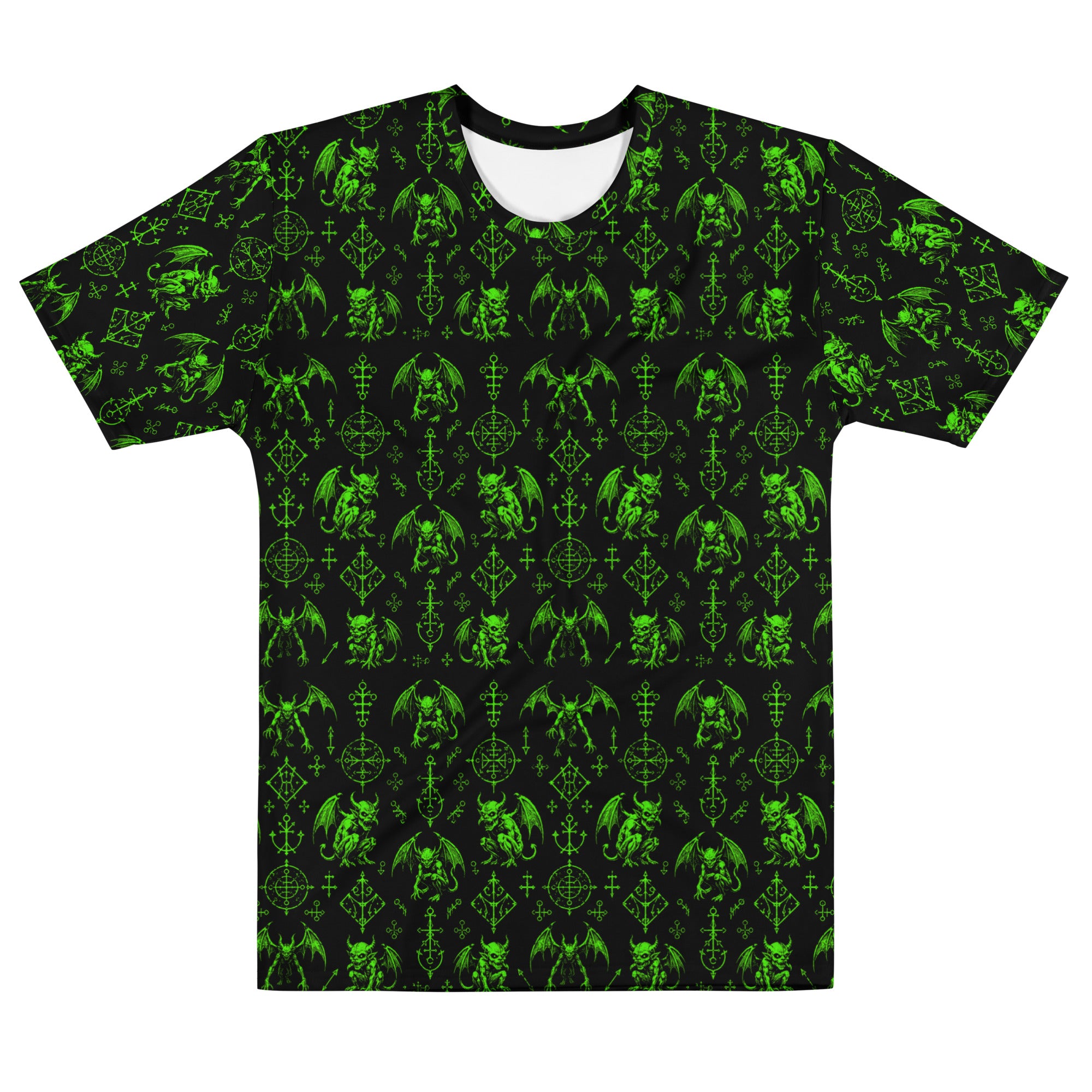 The Fifth Circle Green T-shirt featuring an all-over pattern of winged demons and occult ritual symbols inspired by infernal mythology and demonology.