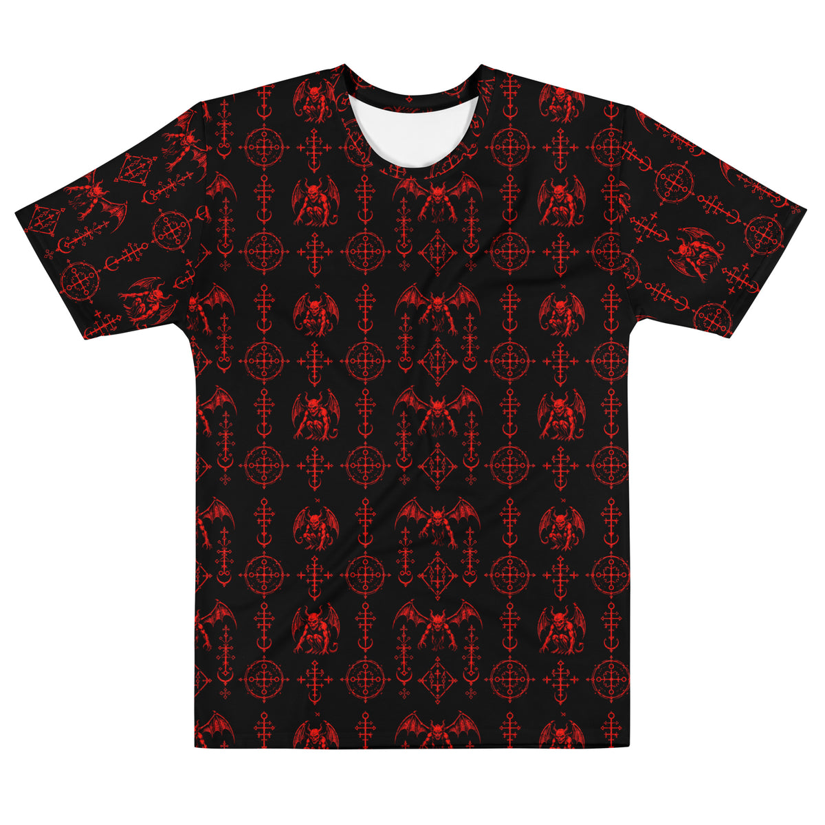 The Sixth Circle Red T-shirt featuring an all-over pattern of winged demons and occult ritual symbols inspired by infernal mythology and demonology.