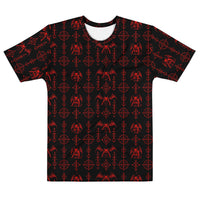 The Sixth Circle Red T-shirt featuring an all-over pattern of winged demons and occult ritual symbols inspired by infernal mythology and demonology.
