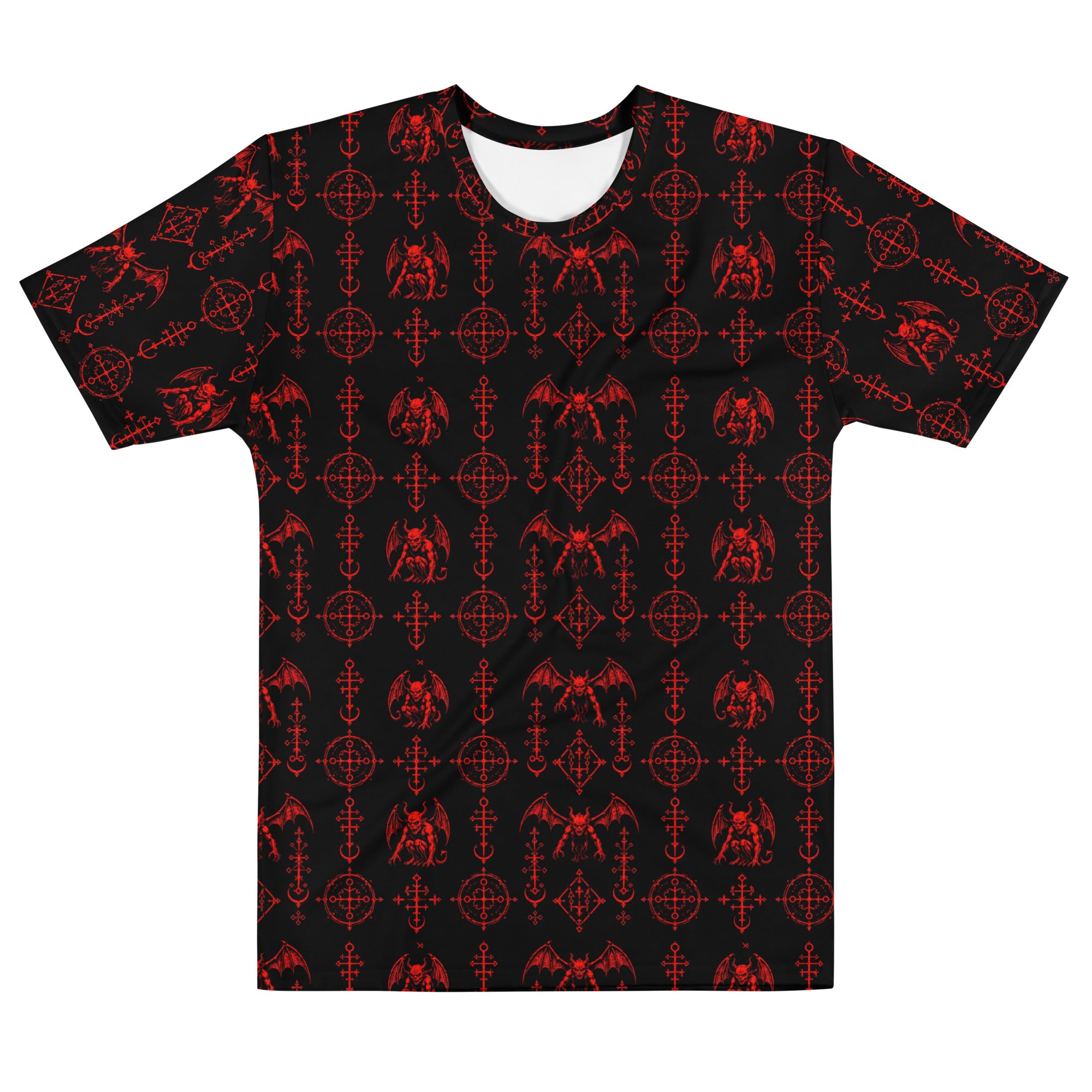 The Sixth Circle Red T-shirt featuring an all-over pattern of winged demons and occult ritual symbols inspired by infernal mythology and demonology.